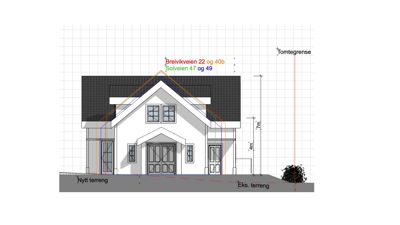 Fasadetegning av en bolig med angitte mål, tomtegrense og terrengforhold.