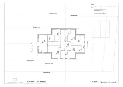 Etasjeplan for loftsetasjen i enebolig, med romfordeling, areal og fasaderetning.