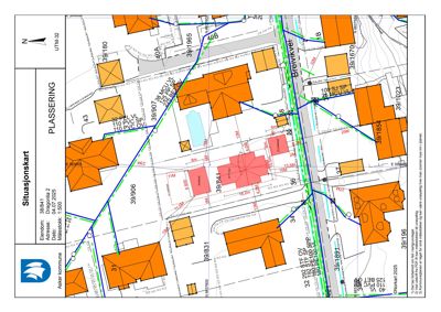 Situasjonskart som viser eiendommen med omgivende bygninger, vegnett og grenser.