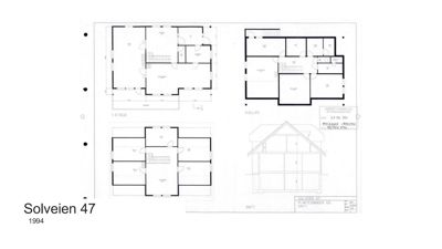 Bildet viser en tegningsside med etasjeplaner (1. etasje, kjeller, loft) og et snitt av en bolig.