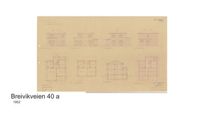 Bildet viser en tegning med flere varianter av et hus, inkludert fasader og etasjeplaner.