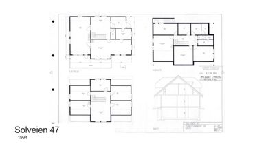Bildet viser et ark med flere tegninger, inkludert etasjeplaner (1. ETASJE, KJELLER, LOFT), et snitt (SNITT) og en fasade/oppriks tegning. Dette er en samling av plantegninger og snitt for en bygning.
