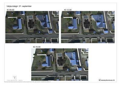 Bildet viser tre 3D-visualiseringer (renderinger) av et boligprosjekt sett fra oven, med angitt tidspunkt for solposisjon (KI 09.00, KI.12.00, KI.15.00).