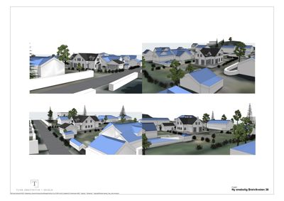 3D-visualisering av et boligområde med flere hus, veier og vegetasjon.