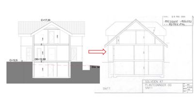 Bildet viser to snittegninger av en bolig. Den venstre er en detaljert snittegning med høydeangivelser (f.eks. C+17,33, OK+12,68), mens den høyre er en enklere snittegning med adresse 'SOLVEIEN 47' og tittelen 'SNITT'.