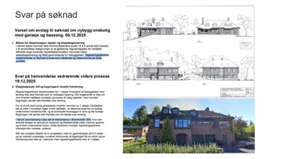 Bildet viser en tegning med fasadeopprikk (frem- og sideutsikt) av et hus, samt et fotografi av en tilsvarende bygning.