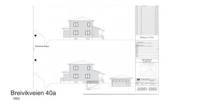 Fasadetegning som viser bygningens utseende fra utsiden, inkludert eksisterende situasjon og planlagt utvidelse.