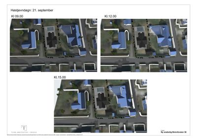 3D-visualiseringer (renderinger) av et byggeprosjekt sett fra oven, vist ved ulike tidspunkter på en solrik dag.
