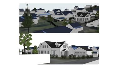 3D-visualisering av et boligområde med flere hus, trær og veier.