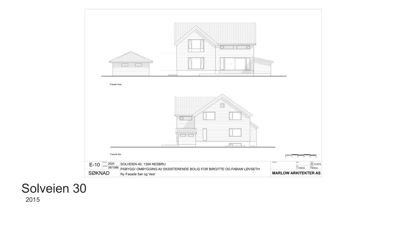 Bildet viser to fasadetegninger (vest og sør) av en bolig med tilhørende garasje.