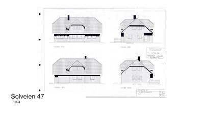 Bildet viser fire fasadetegninger (vest, sør, øst, nord) av et hus.