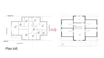 Bildet viser et etasjeplan (loft) med romfordeling, areal og fasaderetning.