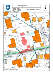 Situasjonskart som viser eiendomsnummer, bygninger, veier og siktlinjer.