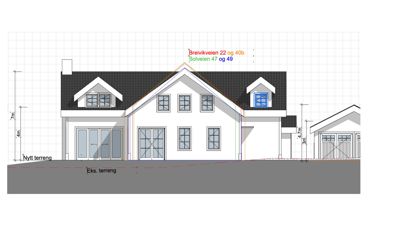 Fasadetegning av en bolig med angitte høyder og adresseinformasjon.