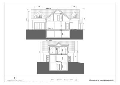 Tegning som viser tverrsnittet av en bolig, inkludert høydemål og romfordeling.