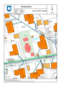 Situasjonskart som viser eiendomsnummer, bygningsplassering, vei og siktlinjer.