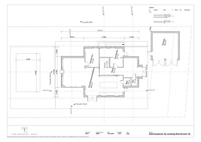 Etasjeplan (rammesøknad) som viser romfordeling, mål og fasaderetning for en ny enebolig.