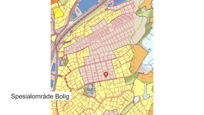 Kommunegrunnplan eller reguleringsplan som viser eiendomsinndeling, vegnett og arealbruk i et boligområde.