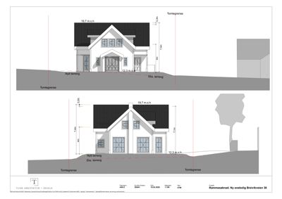 Fasadetegning av en planlagt enebolig med mål og terrengforhold