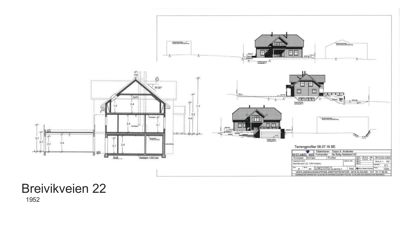 Bildet viser en snittegning (snitt) av en bolig, som viser tverrsnittet gjennom huset med mål og konstruksjonsdetaljer, samt fasadeoppriks.