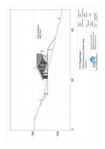 Fasadetegning som viser bygningens profil sett fra siden, med oppgitt høyder og terrengforhold.