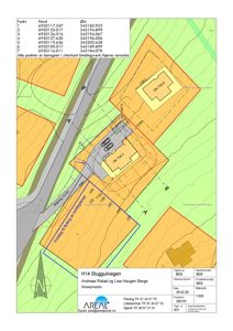 Situasjonsplan som viser tomtens grenser, bygningers plassering, avstander til nabotomter og eiendomsnummer.