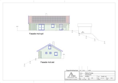 Fasadetegning som viser bygningens utseende fra syd og øst, inkludert vinduer, dører, takform og materialer.