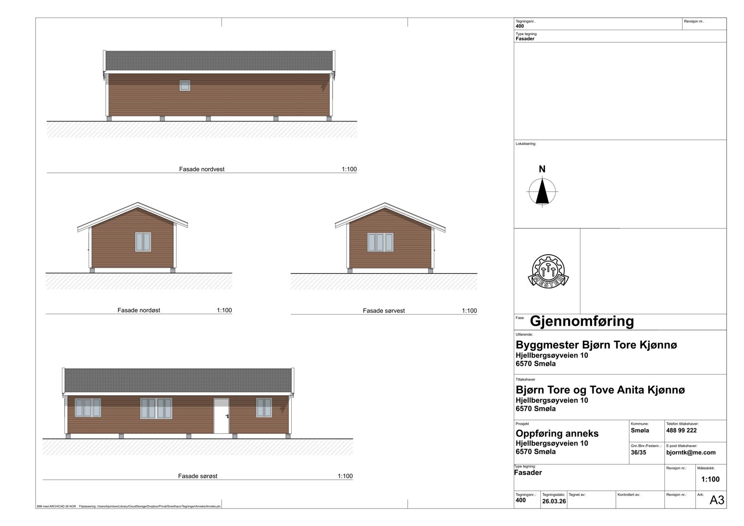 Fasadetegning som viser bygningens utseende fra tre ulike vinkler (nordøst, nordvest og sørøst).