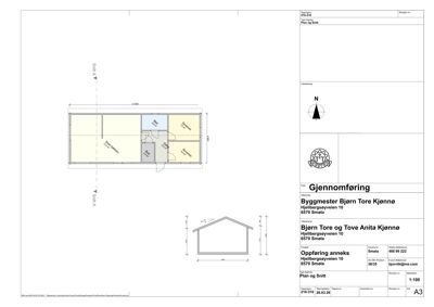 Etasjeplan (etasjeplan) som viser romfordeling, veggtykkelse og mål for en bygning.