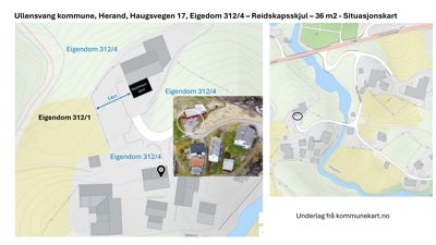 Situasjonskart som viser eiendomsinndeling (Eigedom 312/1 og 312/4), bygningers plassering, avstander og topografi.