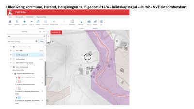 NVE aktsomhetskart som viser eiendommen med overlagte kartlag for skredfare og aktsomhetsområder.