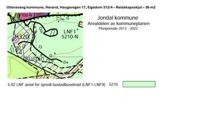 Kartutsnitt fra Jondal kommuneplan som viser arealbruk og eiendomsnummer for Haugsvegen 17.