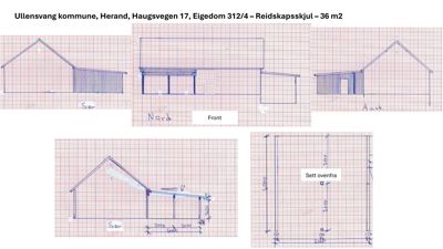 Fasadetegning som viser bygningens utsyn fra fire sider (Sør, Nord, Aust og en sidevisning), samt en oversiktsplan (sett ovenfra).