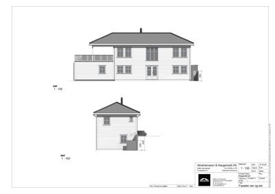 Fasadetegning som viser bygningens utseende sett fra sør og øst.