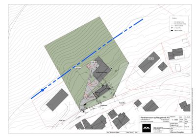 Situasjonsplan som viser tomtens terrengform, bygningers plassering og profilering.