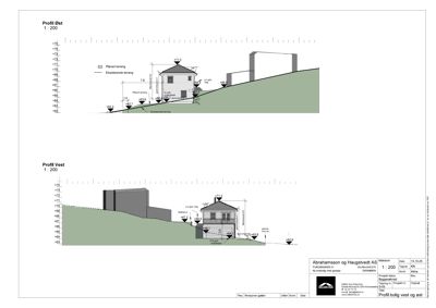 Snittegning (profil) som viser høydeforskjeller og bygningens plassering i terrenget sett fra øst og vest.