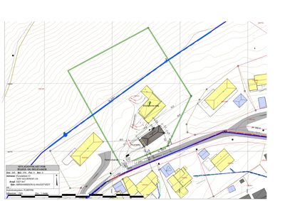 Situasjonskart som viser tomtens form, høydeforhold (konturlinjer), nabobygninger og infrastruktur.