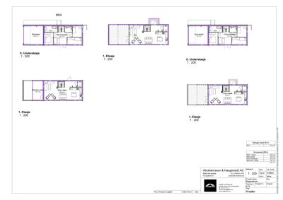 Bildet viser etasjeplaner (0. Underetasje og 1. Etasje) med romfordeling og mål for en bygning.