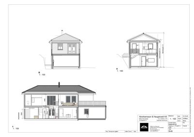 Bildet viser snittegninger (A, B og C) av en bolig, som illustrerer bygningens indre struktur, romfordeling og høyder.