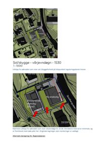 Et utklipp fra en byggesak som viser sol- og skyggeforhold (vårjevndøgn) for en ny enebolig i forhold til eksisterende bebyggelse. Tegningen inneholder topografi, eiendomsnummer og markeringer for solnedgang.