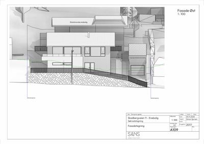 Fasadetegning (opprikk) av en bygning sett fra øst, med angivelse av eksisterende og ny bebyggelse.