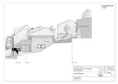 Fasadetegning som viser bygningens utseende sett fra nord, inkludert eksisterende og nye elementer.