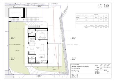 Etasjeplan (1. etg.) med romfordeling, dimensjoner og snittreferanser.