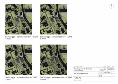 Situasjonsplan med sol- og skyggeanalyse for en bygning i Skadbergveien 11.
