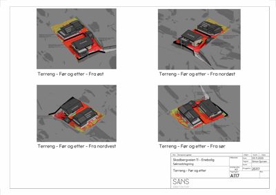 Situasjonsplan som viser bygningenes plassering i forhold til terrenget (fjell) og nabolag fra fire ulike vinkler.