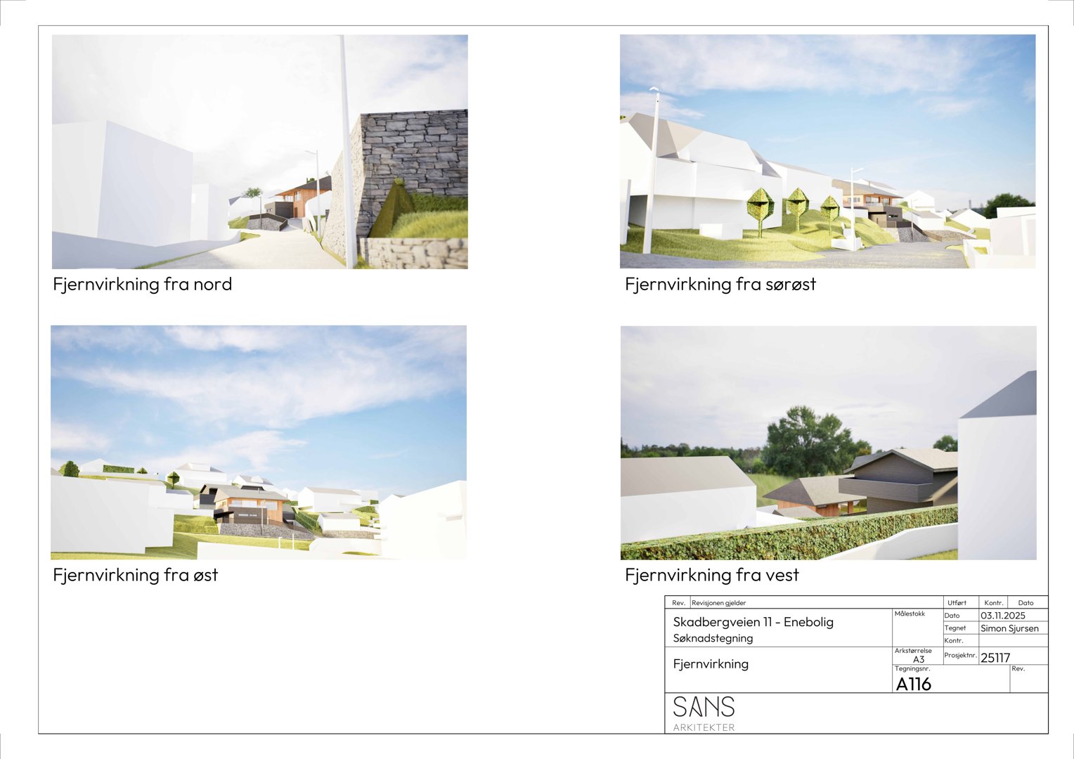 Bildet viser fire 3D-visualiseringer (renderinger) av et byggeprosjekt fra ulike vinkler (nord, sørøst, øst, vest).