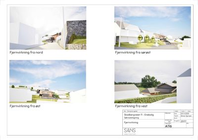 Bildet viser fire 3D-visualiseringer (renderinger) av et byggeprosjekt fra ulike vinkler (nord, sørøst, øst, vest).