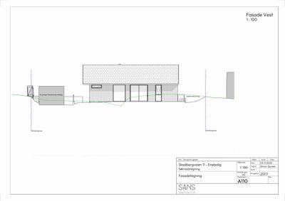 Fasadetegning (opprikk) av en bolig sett fra vest, med skisse over tak og fasadeoverflater.
