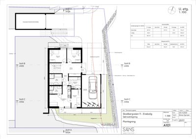 Etasjeplan (U. etg.) for en enebolig med romfordeling, garasje og arealoppsett.