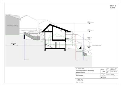 Snittegning (Snitt B) som viser tverrsnittet av en nybygget bolig sett fra siden, inkludert høyder, trapper og forhold til eksisterende nabobebyggelse.